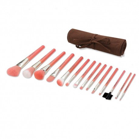 Bdellium Tools Pink Bambu Complete 14pc. Brush Set with Roll-up Pouch